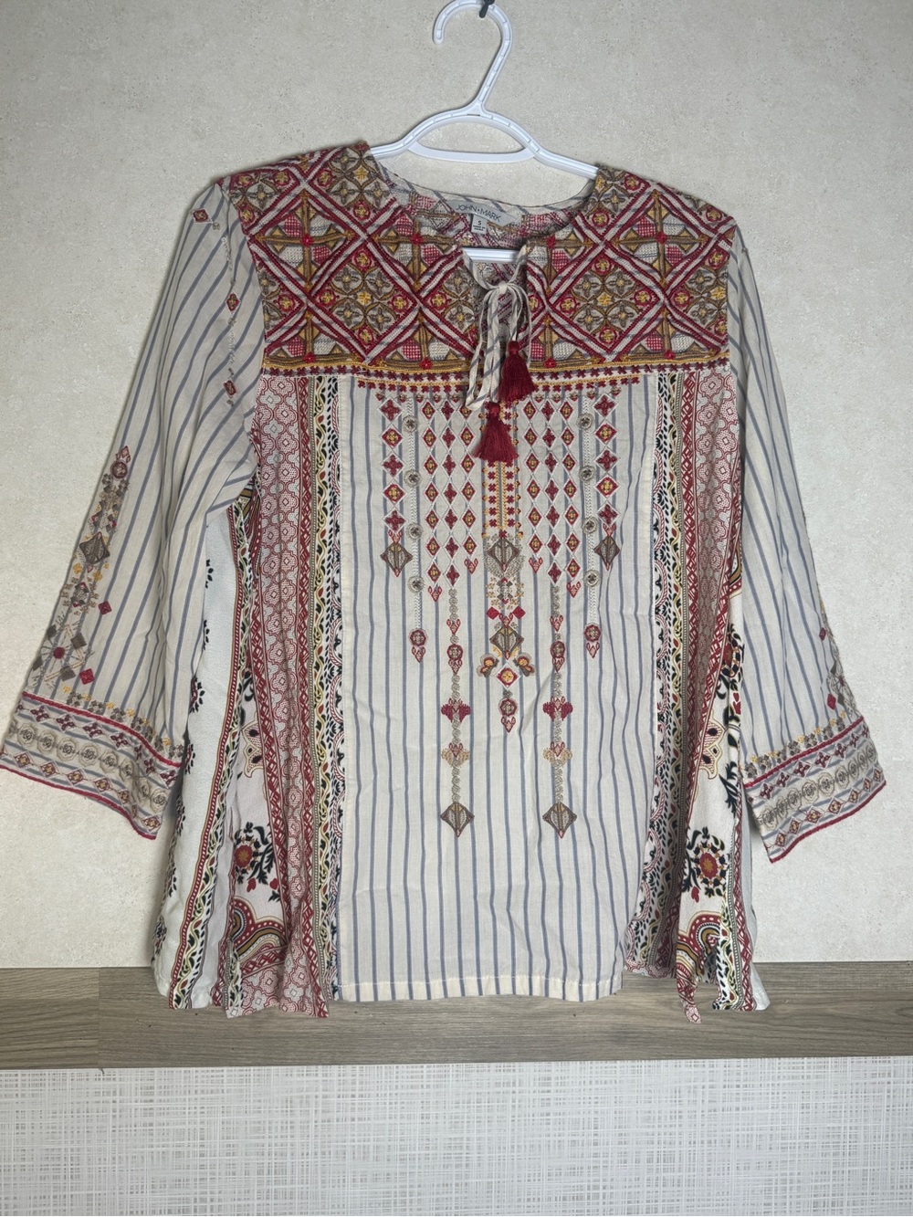 John Mark Cream Tunic Top with Red and Gold Embroidery